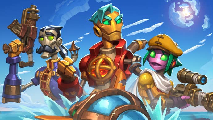 Colourful promotional SteamWorld Heist 2 art showing three of its robot protagonist posing against a bright blue sky with weapons drawn.