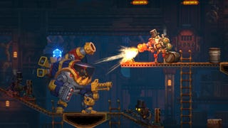 A pirate robot shooting at a larger mech enemy inside a ship in SteamWorld Heist 2