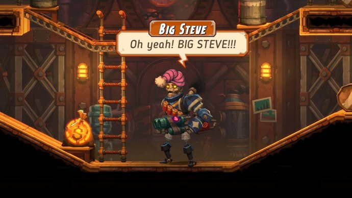 A dieselbot with a silly hat shouts his own name: “BIG STEVE!"