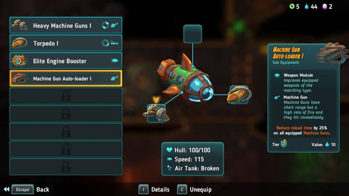 The submarine’s loadout menu includes machine guns and torpedoes.