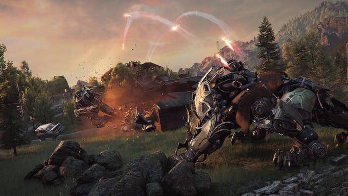 A mech firing rockets astatine different mech successful Steel Hunters