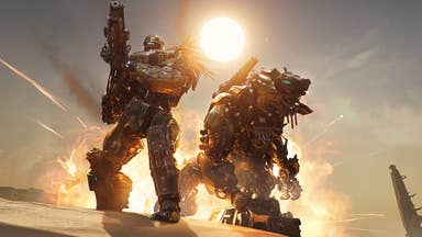 Steel Hunters screenshot showing two giant mechs in a desert with the sun setting behind them