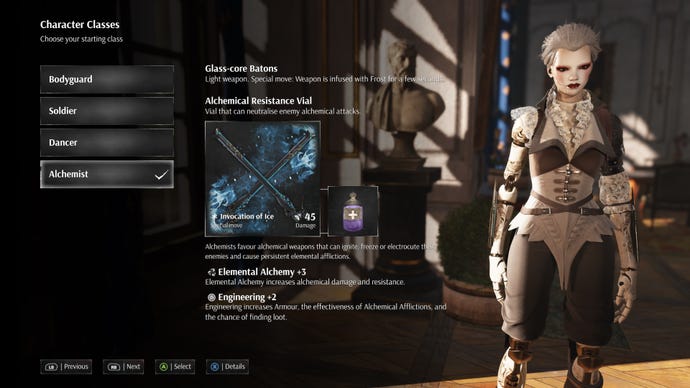 The Alchemist in the Steelrising character creation screen.