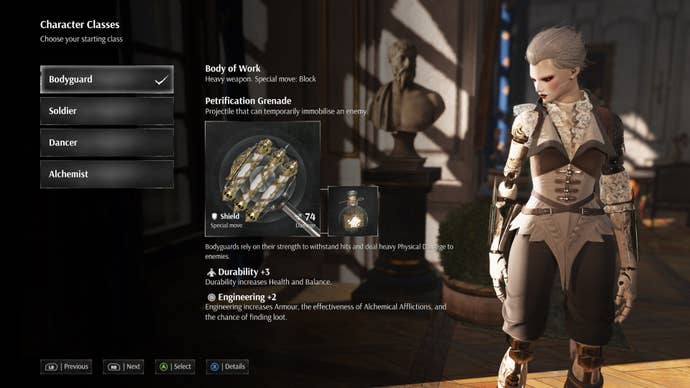 The Bodyguard in the Steelrising character creation screen.