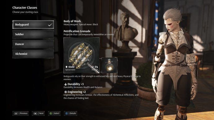 The Bodyguard in the Steelrising character creation screen.