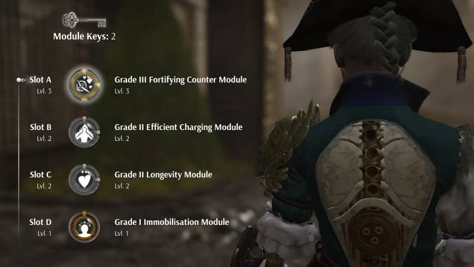 Part of the module equipment screen in Steelrising which displays which modules have been equipped to the character.