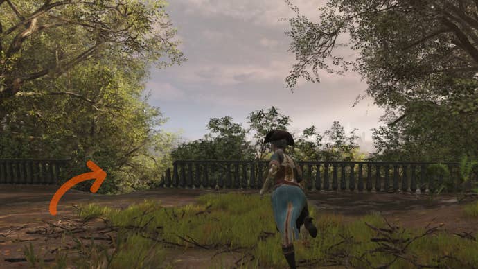 Aegis in Steelrising runs towards a broken fence.