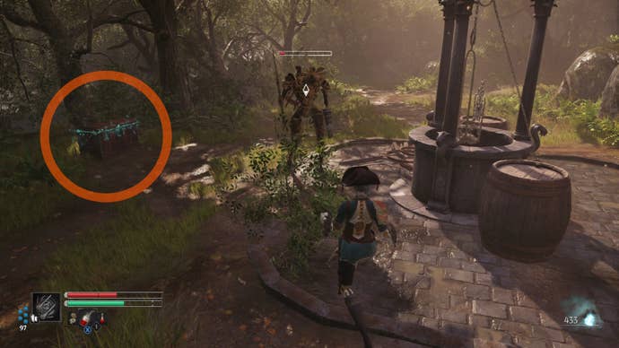 Aegis in Steelrising fights an Automat next to a well.