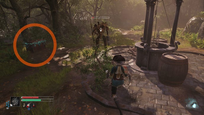 Aegis in Steelrising fights an Automat next to a well.