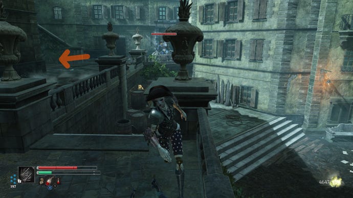 Aegis in Steelrising dodges attacks from two ranged Automats.