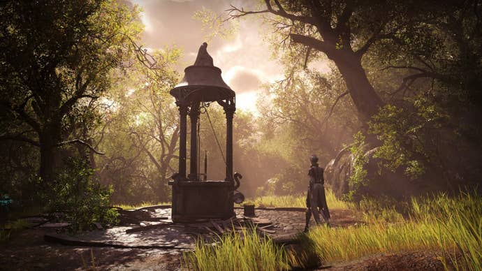 Aegis stands next to an upgrade chair in the middle of a lovely glade in Steelrising.