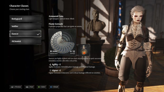 The Dancer in the Steelrising character creation screen.