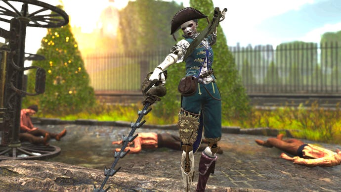 Aegis in Steelrising stands in front of a garden wielding the Falchion and Sabre weapon.