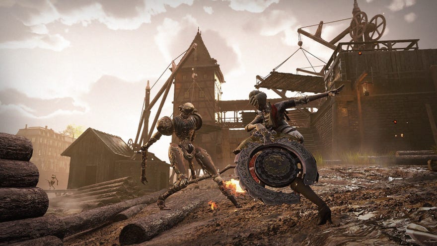 Aegis fights a mechanical warrior using a large discus in Steelrising.