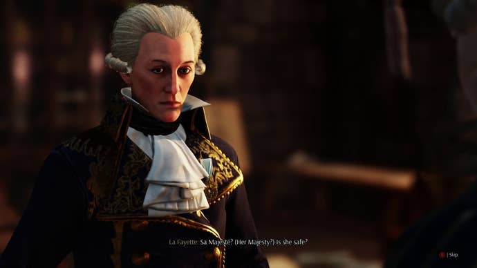 Lafayette in Steelrising, saying “Sa Majeste! Is she safe?” much like a native French speaker would