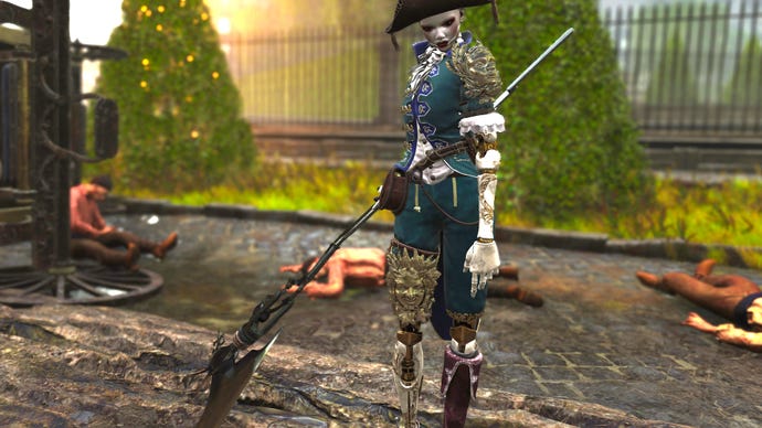 Aegis in Steelrising stands in front of a garden wielding the Romas Partisan weapon.