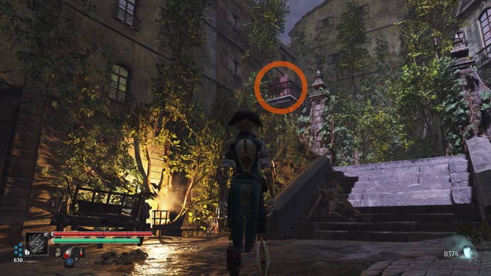 Aegis in Steelrising spots a chest on a raised balcony in Luxembourg.