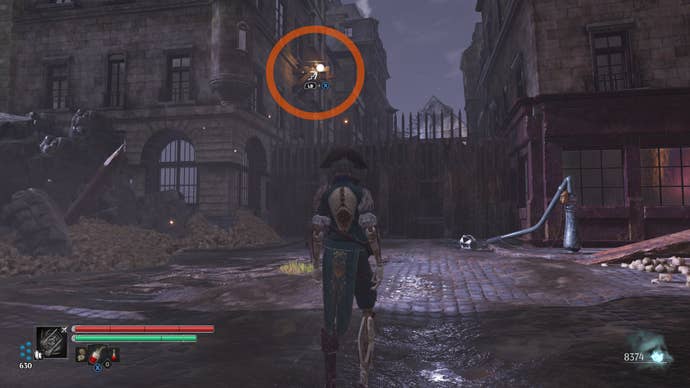 Aegis in Steelrising runs towards a grapple point above a fence at the end of a street.