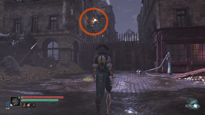 Aegis in Steelrising runs towards a grapple point above a fence at the end of a street.