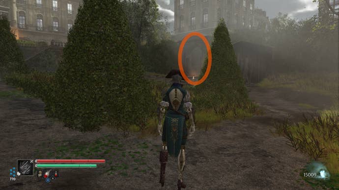 Aegis in Steelrising runs through a garden to reach a hole in the wall.