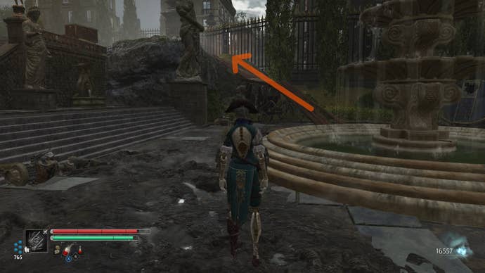 Aegis in Steelrising stands in front of a ramp leading up a ledge in a garden.