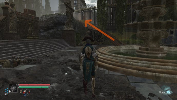 Aegis in Steelrising stands in front of a ramp leading up a ledge in a garden.