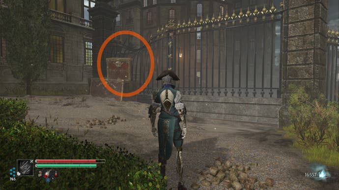 Aegis in Steelrising stands in front of a stack of boxes which offers a path up over a damaged fence.