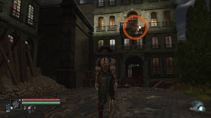 Aegis in Steelrising spots a grapple point on the first floor of the building in front of her.