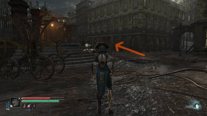 Aegis in Steelrising runs through a street area with some broken carriages nearby.