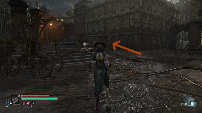 Aegis in Steelrising runs through a street area with some broken carriages nearby.