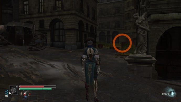 Aegis in Steelrising spots an area of greenery nestled between several buildings.