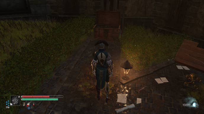 Aegis in Steelrising stands before an opened chest in a patch of greenery.