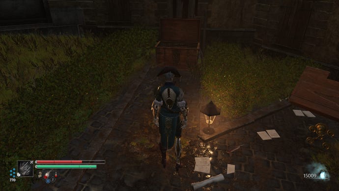 Aegis in Steelrising stands before an opened chest in a patch of greenery.