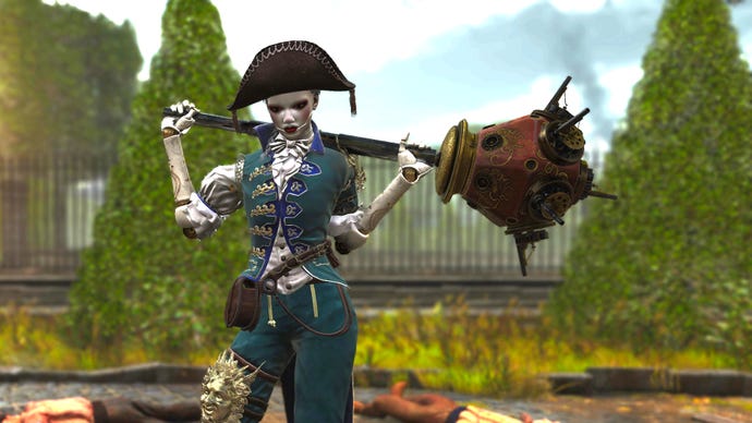 Aegis in Steelrising stands in front of a garden wielding the Volley Mallet weapon.