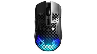 Glowing blue SteelSeries Aerox 5 mouse with holes