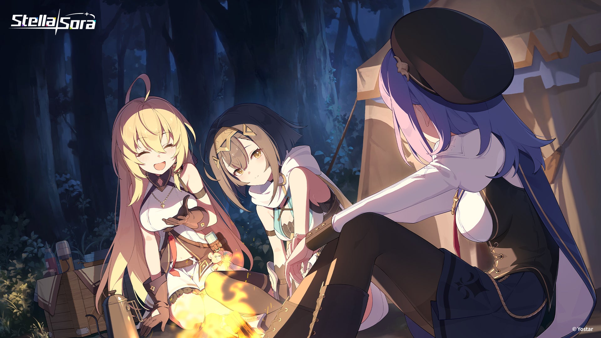 Stella Sora's starting trio of characters — Noya, Amber, and Iris — sit around a bonfire in a woodland clearing encampment at night. - 4