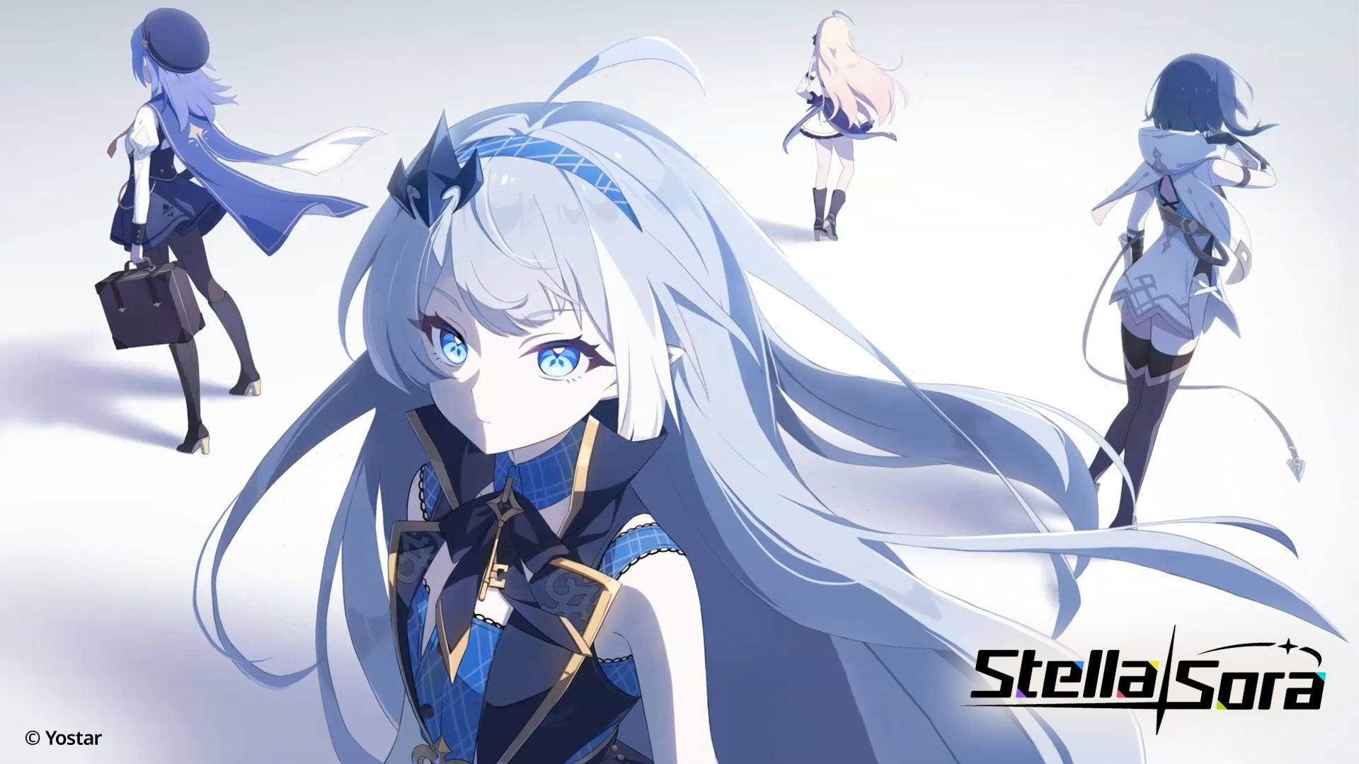 Four Stella Sora characters stand ranged against a plain white background. Iris, Noya, and Amber all face away from the camera, while in the foreground the female Tyrant player character variant looks intensely at the viewer. - 3