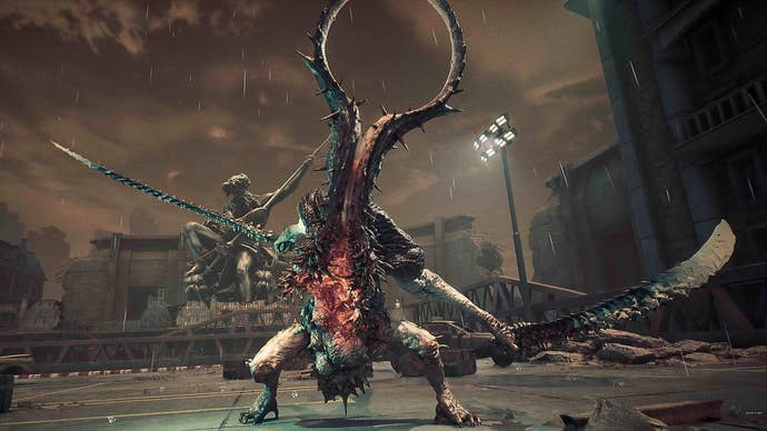 A gnarly-looking boss wields two blades in Stellar Blade