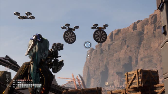 stellar blade eve aiming at floating targets in the wasteland