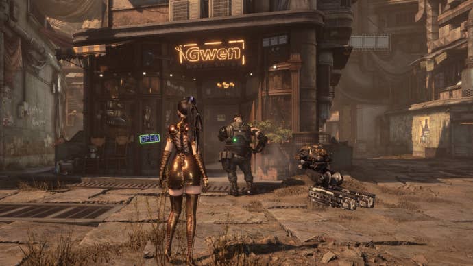 stellar blade eve and kasim outside gwen hair salon in xion