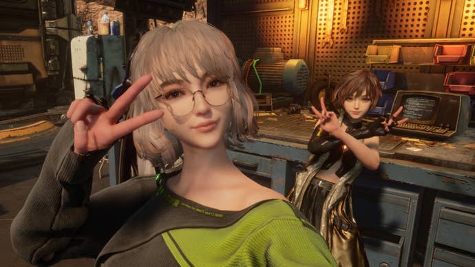 stellar blade eve and lily striking a pose at xion docking station