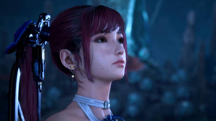 Close up of Eve from Stellar Blade, with long hair tied back looking to the side