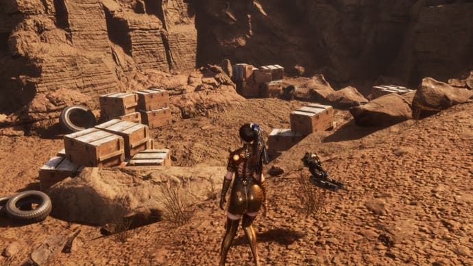 stellar blade eve facing area filled with wooden boxes in wasteland junkyard