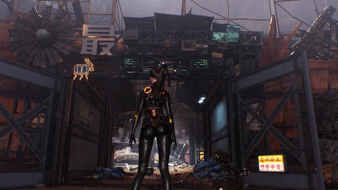 stellar blade eve facing entrance to wasteland scrapyard