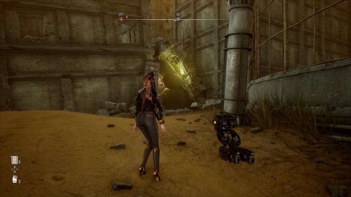 stellar blade eve facing gap between ruined buildings and a light