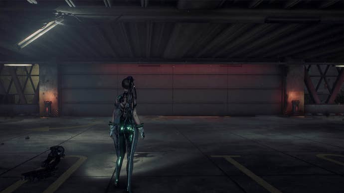 stellar blade eve facing locked car park door on eidos 7
