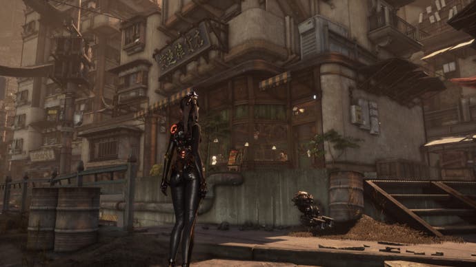 stellar blade eve facing outside of lyles general store in xion