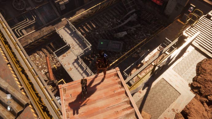 stellar blade eve looking into large hole in wasteland junkyard