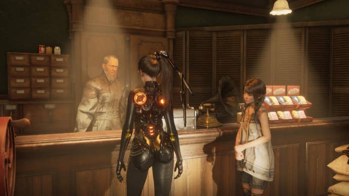 stellar blade eve speaking to lyle and arin in lyles shop