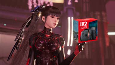 Stellar Blade screenshot showing main character Eve in black catsuit, with Switch 2 console box superimposed